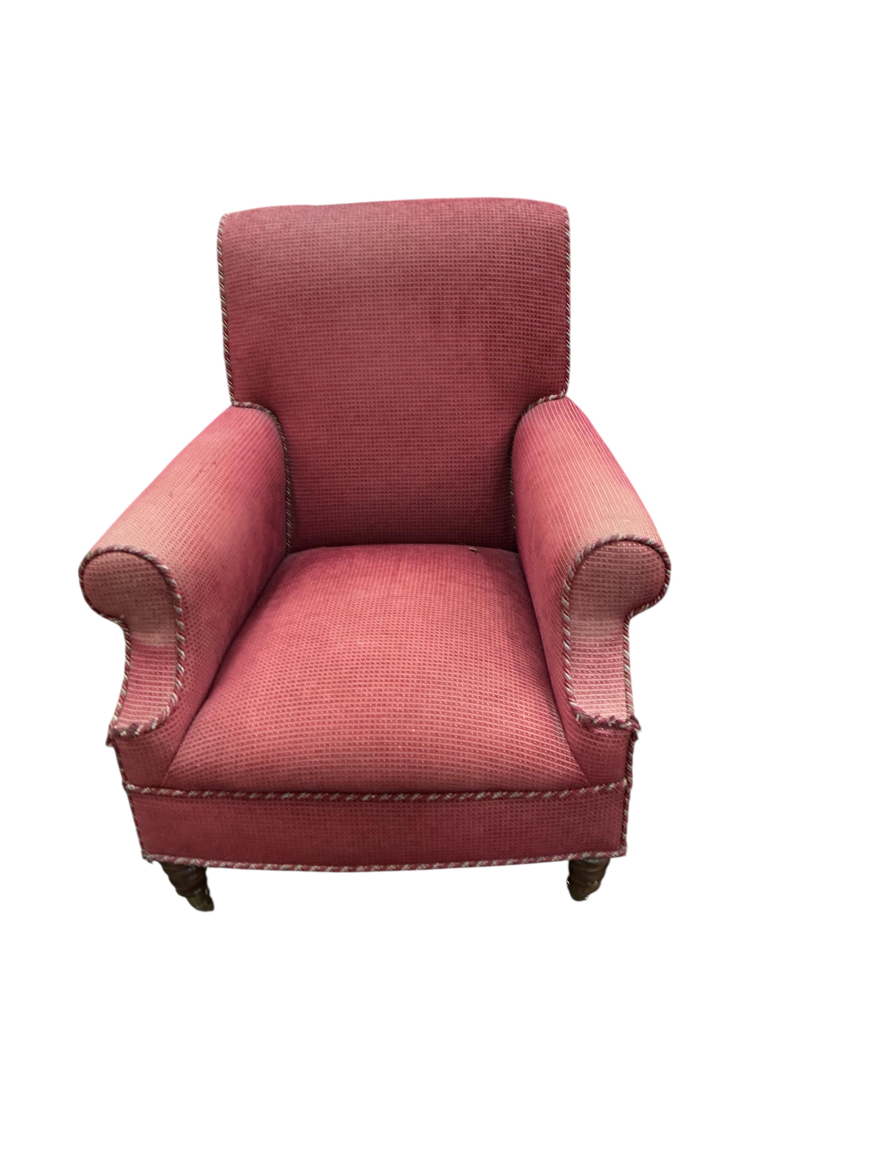 A Victorian style upholstered armchair, width 78cm, depth 76cm, height 90cm
